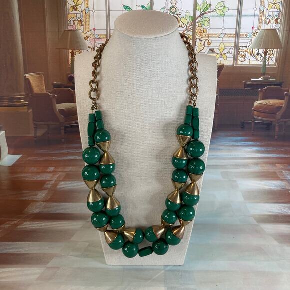 K. Amato Jewelry - 0042 Y2K K. Amato Chunky Two-Layer Green and Gold Tone Acrylic Beaded Necklace